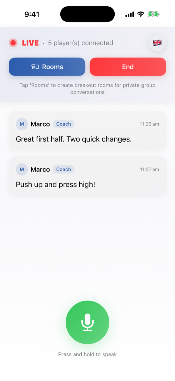 Coach phone, live, broadcasting to five connected players