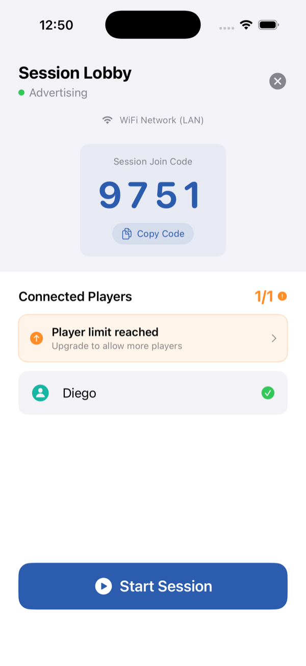 Session lobby with a live join code