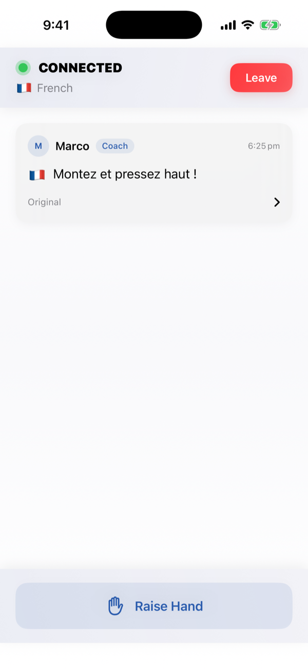Player phone showing the coach's instruction translated into French