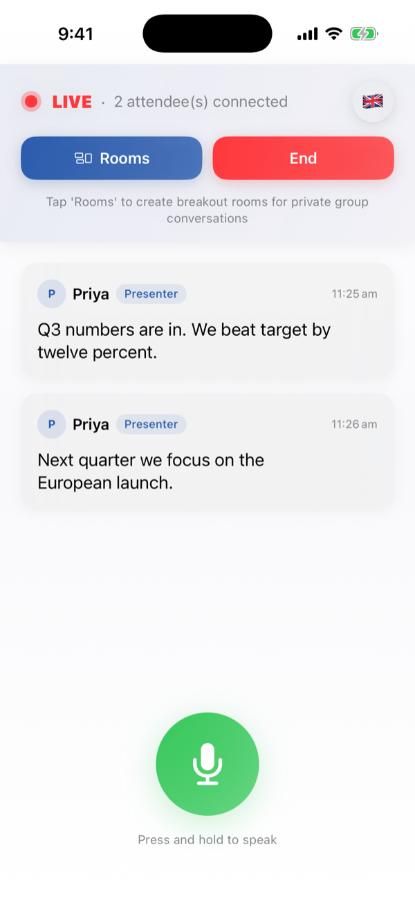 Priya's phone, live with two attendees connected